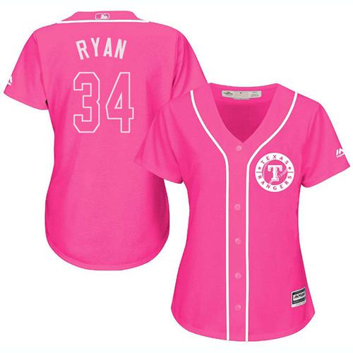 Rangers #34 Nolan Ryan Pink Fashion Women's Stitched MLB Jersey - Click Image to Close